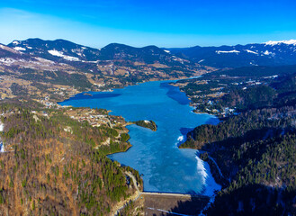 Obraz premium Aerial view of Colibita Lake in Bistrita Nasaud County - Romania