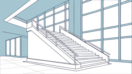 Modern architectural staircase illustration showing a minimalist office interior with large windows and clean lines in a flat vector line art style.