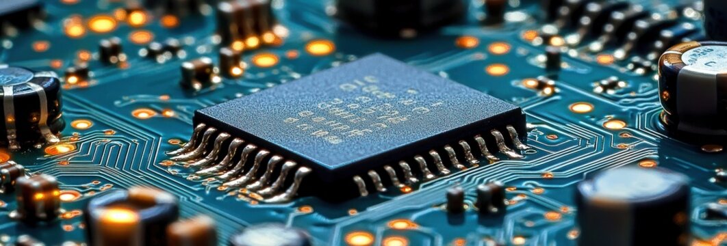 close-up of an integrated circuit microchip mounted on a blue-green printed circuit board with soldered pins, capacitors, glowing orange indicator lights and intricate circuitry, high-tech precision