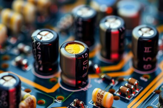Close up macro shot of electrolytic capacitors and resistors populating a surface mount circuit board, highlighting electronic components