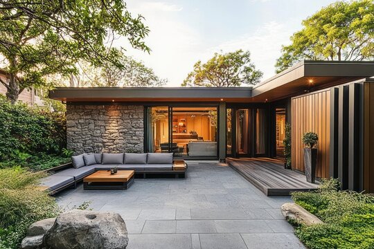 modern single-story home with stone wall and metal cladding, floor-to-ceiling glass doors opening to a wooden deck and l-shaped outdoor sofa on a serene inviting twilight patio with garden and rocks