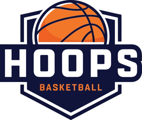 Obraz premium Professional basketball sports team logo design featuring a ball and shield emblem for hoops.