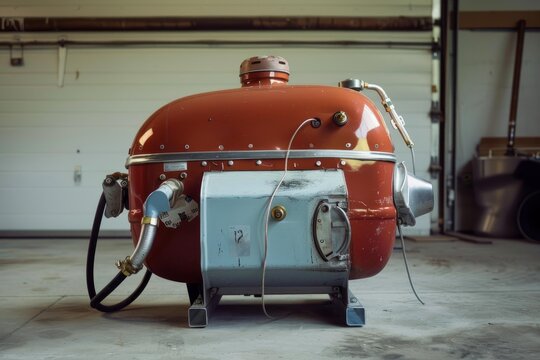 Close up of a vintage, red colored aircraft auxiliary power unit - apu - positioned in a hangar, showcasing its intricate details and industrial aesthetic