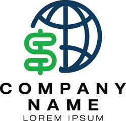 Global finance logo with dollar sign and company name placeholder Keywords: global, finance, logo, dollar sign, earth, world