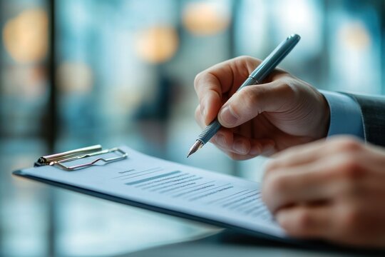 close-up of hands holding a metal pen poised above a clipboard with printed document, suit sleeve visible, focused professional moment in blurred office bokeh