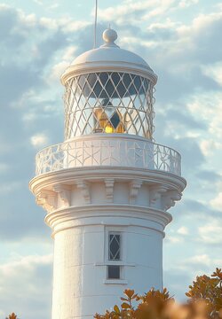 white lighthouse lantern tower with glowing light and ornate railing against a soft cloudy sky, evoking calm and serenity