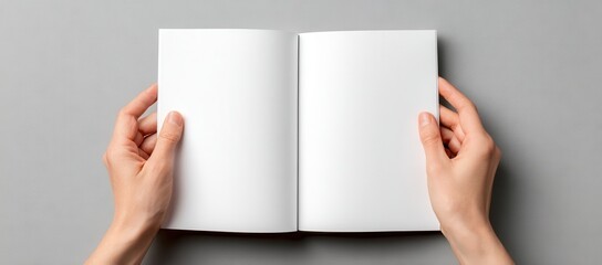 Hands holding open blank white brochure or magazine mockup on gray textured background, top view