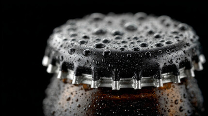 Close-up macro shot of a cold, wet beer bottle cap covered in condensation droplets
