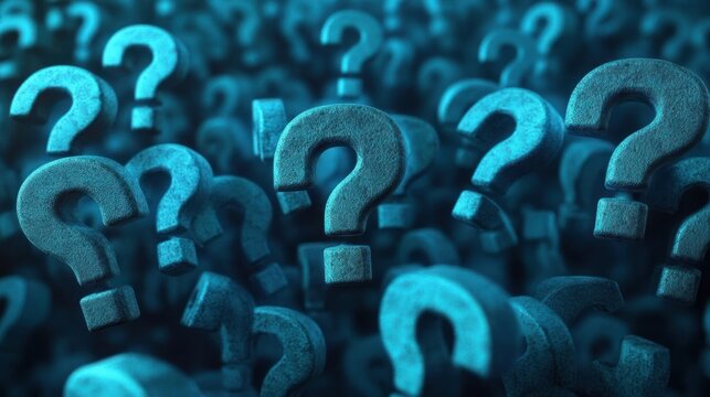 cluster of textured teal 3d question marks floating in a dark blurred space, evoking confusion, curiosity and uncertainty