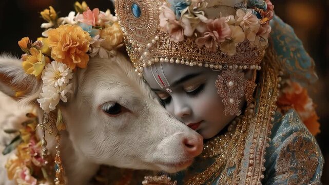 Hinduism and other Indian religions commemorate religious events like this one, in which the sacred cow is held by the cute child Krishna.