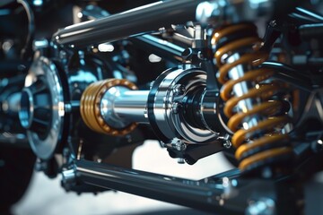 Fototapeta premium Close up of chassis, showcasing shock absorbers, drive shaft, and other components, highlighting engineering and mechanics