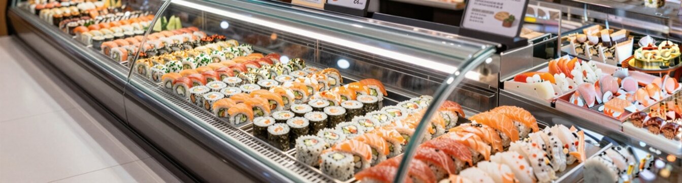 Assorted sushi rolls displayed in glass refrigerated deli case