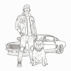 Futuristic man with goggles and a muscular dog posing next to a classic muscle car, line art illustration