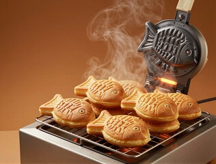 Fish shaped pastries being cooked on waffle iron with steam