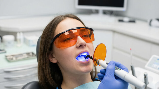 Young Caucasian female patient in protective eyewear undergoing dental curing light LED procedure, quick polymerization for durable tooth restoration. 