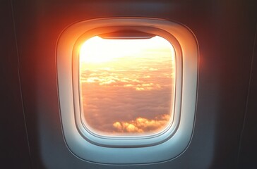 Fototapeta premium golden sunset clouds seen through an airplane window with warm cabin glow, calm and awe-inspiring aerial view