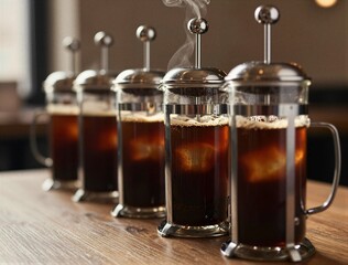 French press coffee brewing in row on wooden surface