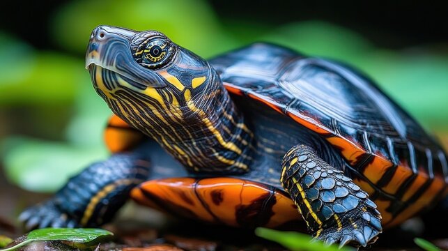 Close-up portrait of a vibrant turtle with yellow-striped head and bright orange underbelly looking curious and alert on green foliage