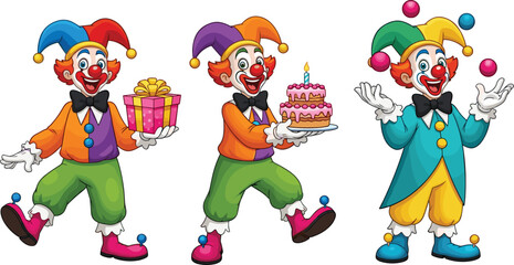 Obraz premium Cute Cartoon Clown Characters with Gift Box, Birthday Cake and Juggling Balls Colorful Circus Vector Illustration Set