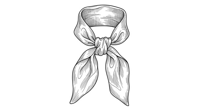 Silk neck scarf tied in knot line art black and white illustration