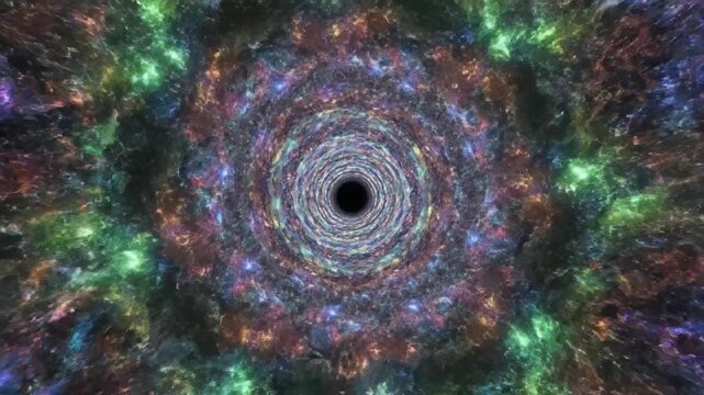 Abstract colorful vortex tunnel leading into a dark unknown space