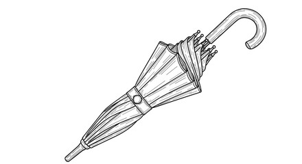 Closed umbrella with curved handle line art black and white illustration