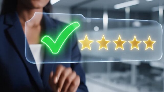 Professional Hand Holding Digital Five Star Rating Symbol and Check Mark Icon Illustrating Quality Assurance Concept for Customer Satisfaction Success and Business Approval Evaluation Process