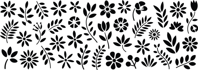 Fototapeta premium Black silhouette illustration of diverse floral and botanical designs featuring flowers, leaves, stems, and berries for decorative artwork