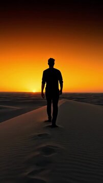 Silhouette man walking alone sand dune vast desert landscape during dramatic orange sunset