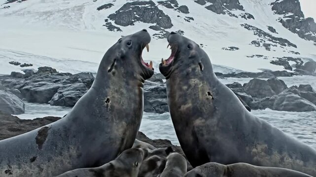 Two Elephant Seals Confronting Each Other with Pups Nearby on Rocky Shore