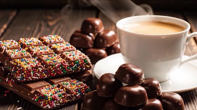 Delicious chocolate bars with colorful sprinkles and candies served with hot