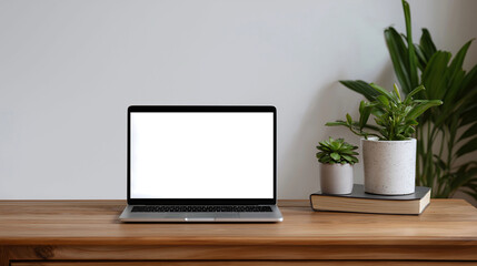 Fototapeta premium A modern laptop with a blank white screen on a wooden office desk next to small potted plants and books, creating a cozy and productive work from home or minimalist office environment.