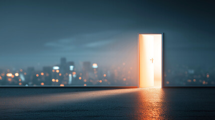 Conceptual photograph of a bright, open doorway leading from a dark room to a vibrant city skyline bokeh background, symbolizing opportunity, new beginnings, and future prospects