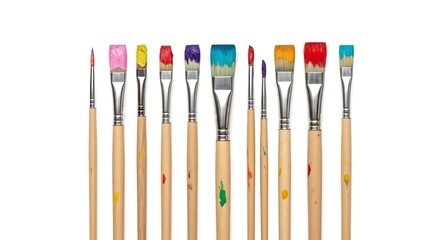 Fototapeta premium Assorted Paint Brushes with Colorful Paint Smears on White Background art supplies painting