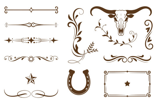 Vintage Western ornamental dividers borders flourishes longhorn skull and horseshoe set vector illustration for rustic wedding invitations and ranch branding design elements isolated on white.