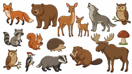 Cartoon forest animals collection featuring various wildlife in a natural environment illustration