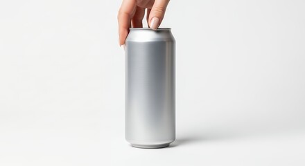 Hand holding a blank silver aluminum can on a clean white background, ready for branding or product display.