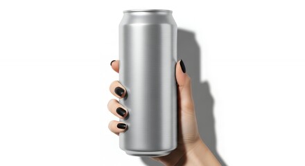 Hand holding a blank silver aluminum can on a white background with shadow.