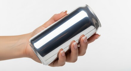 Hand holding a blank silver aluminum can, ready for branding and product display.