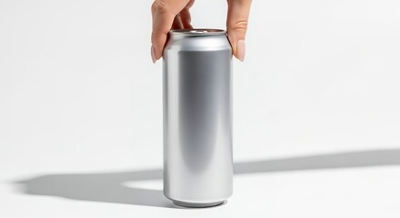 Hand holding a blank silver aluminum can on a white background with subtle shadows.