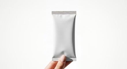 Hand holding a blank silver foil pouch against a clean white background, perfect for product mockups and branding.