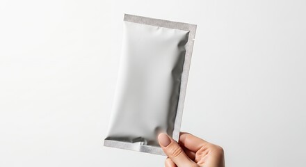 Hand holding a blank silver foil pouch against a white background, perfect for product mockups and branding.