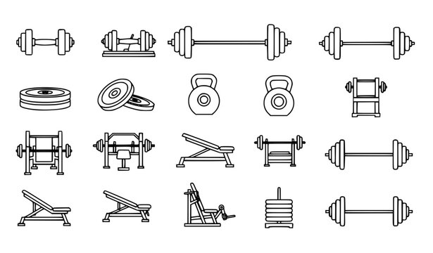 Detailed Gym Equipment and Weightlifting Icon Set with Dumbbells, Barbells, Kettlebells, Bench Press, Weight Plates, and Workout Machines
