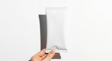 Hand holding a blank white pouch against a clean white background, ready for product branding and design.