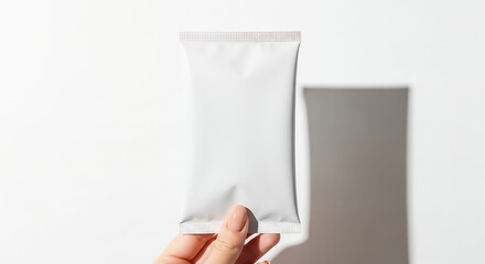Hand holding a blank white sachet packet against a white background with a shadow.