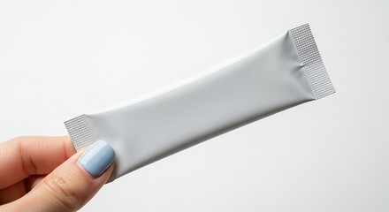 Hand holding a blank white sachet packet on a clean background.