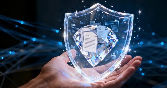 Hand holding a glowing digital shield protecting data and documents in a secure network environment.