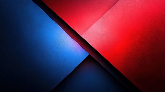 Overlapping red and blue textured geometric planes intersect at a sharp diagonal seam, layered shadows and gradients create bold, dramatic contrast and dynamic tension