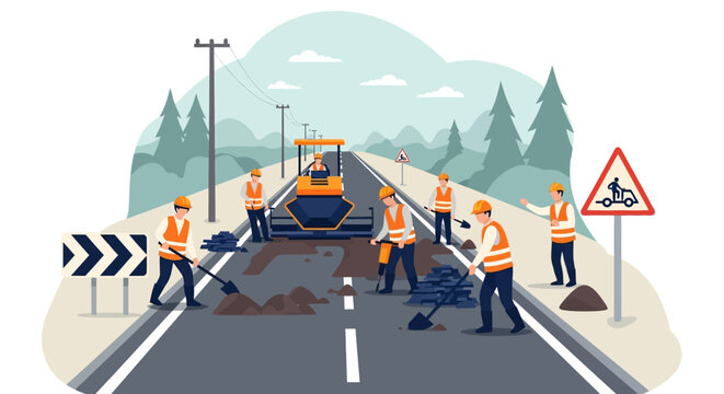 Road construction workers repairing asphalt surface with heavy machinery and safety signs