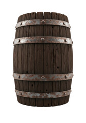 Fototapeta premium highly detailed, weathered antique oak wood vat with rough texture and rusted steel bands/rivets, isolated on a transparent studio background. concept of historical artifact visualization